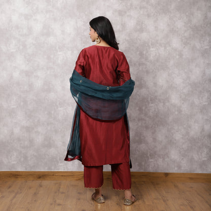 Maroon Chandbali Silk Chanderi Suit Set with dupatta