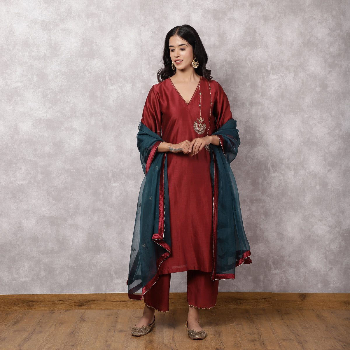 Maroon Chandbali Silk Chanderi Suit Set with dupatta