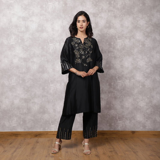 Black Silk Chanderi Hand Embroidered Kurta