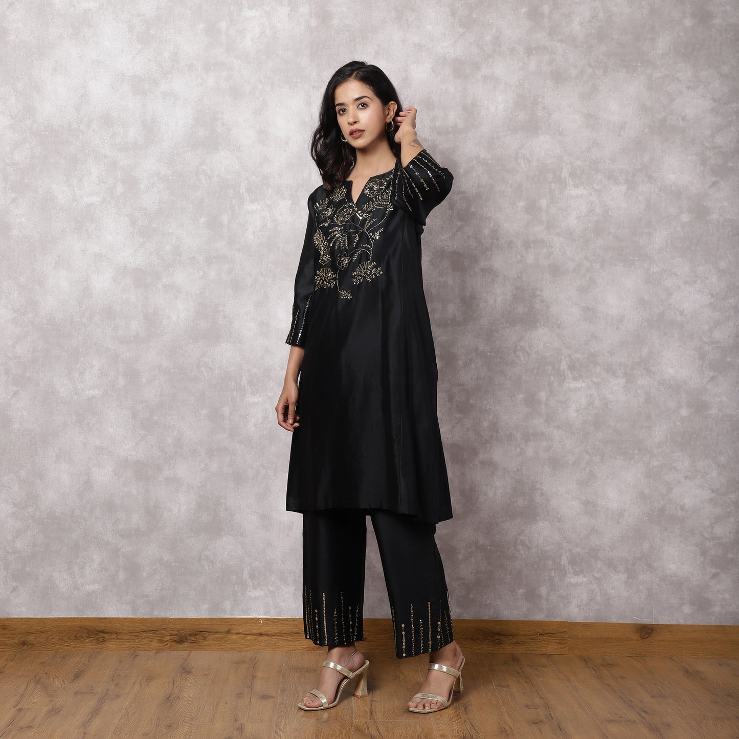 Black Silk Chanderi Hand Embroidered Kurta Set