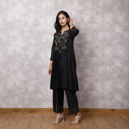 Black Silk Chanderi Hand Embroidered Kurta Set
