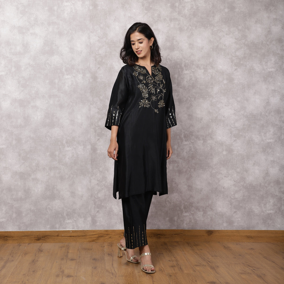 Black Silk Chanderi Hand Embroidered Kurta Set