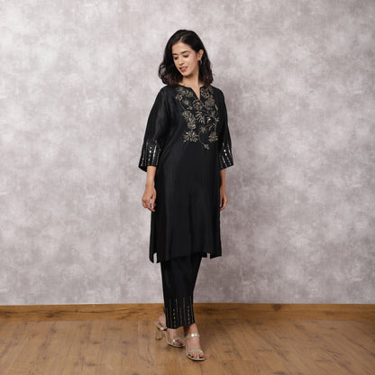 Black Silk Chanderi Hand Embroidered Kurta Set