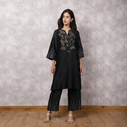 Black Silk Chanderi Hand Embroidered Kurta Set