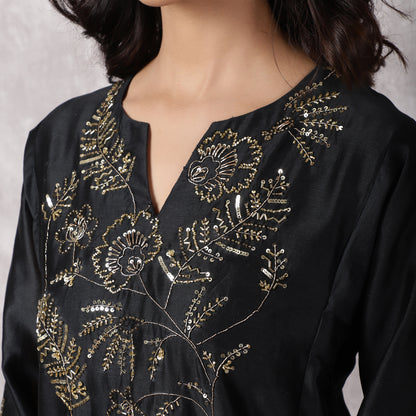 Black Silk Chanderi Hand Embroidered Kurta