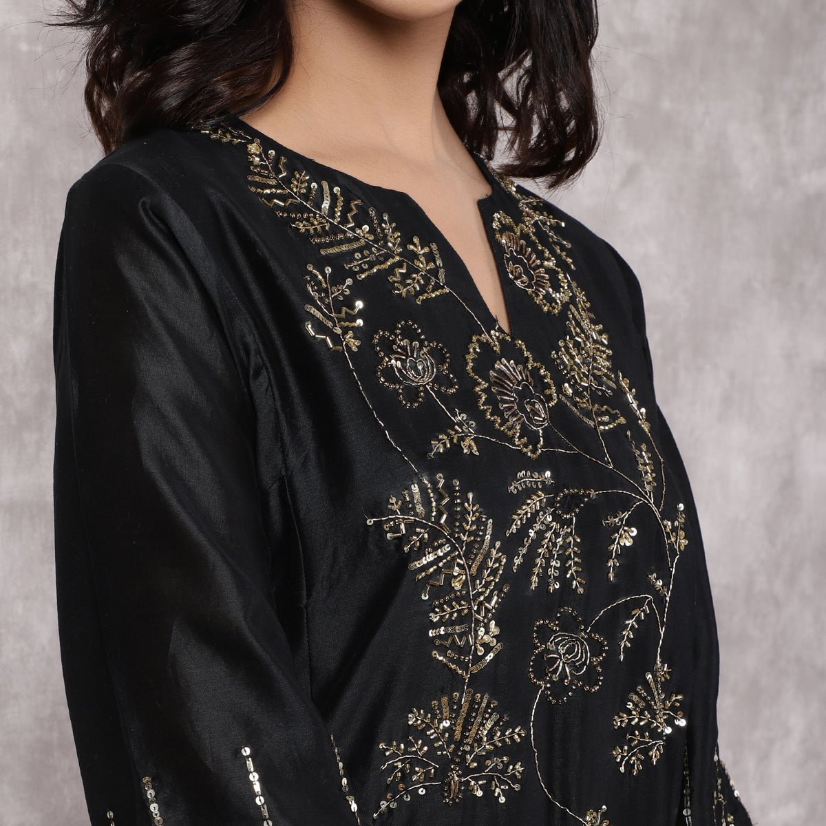 Black Silk Chanderi Hand Embroidered Kurta Set