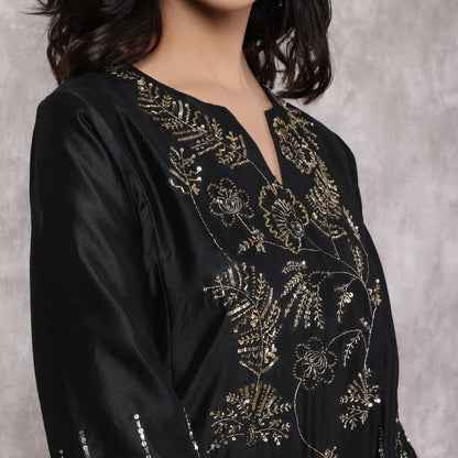 Black Silk Chanderi Hand Embroidered Kurta Set