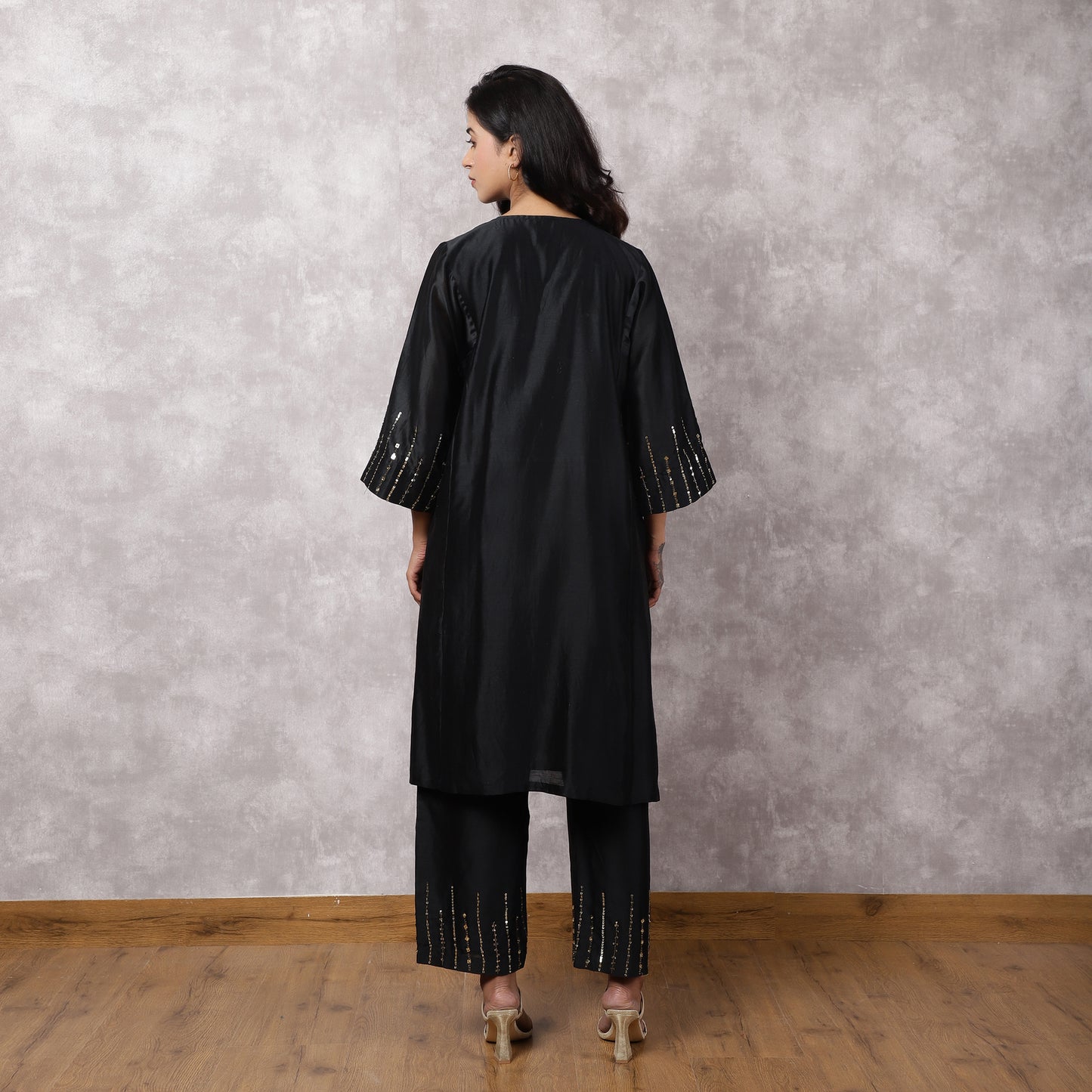 Black Silk Chanderi Hand Embroidered Kurta Set