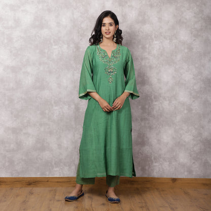 Green Chanderi Hand Embroidered Suit Set with Dupatta