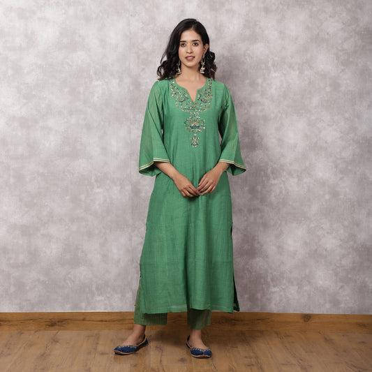 Green Chanderi Kurta Set with Hand Embroidered Yoke