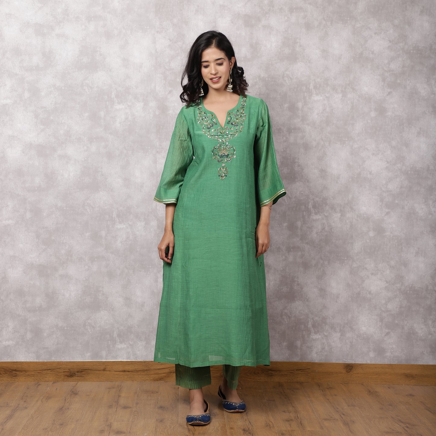 Green Chanderi Hand Embroidered Suit Set with Dupatta