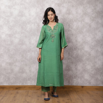 Green Chanderi Hand Embroidered Suit Set with Dupatta