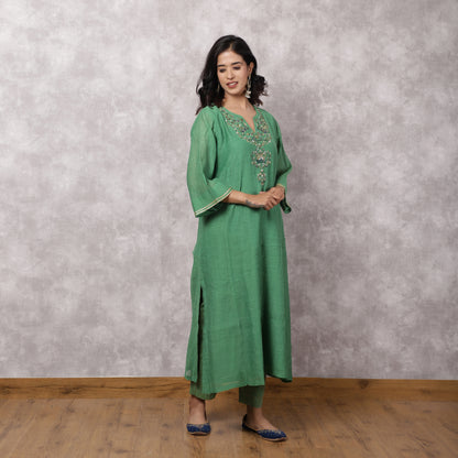 Green Chanderi Hand Embroidered Suit Set with Dupatta