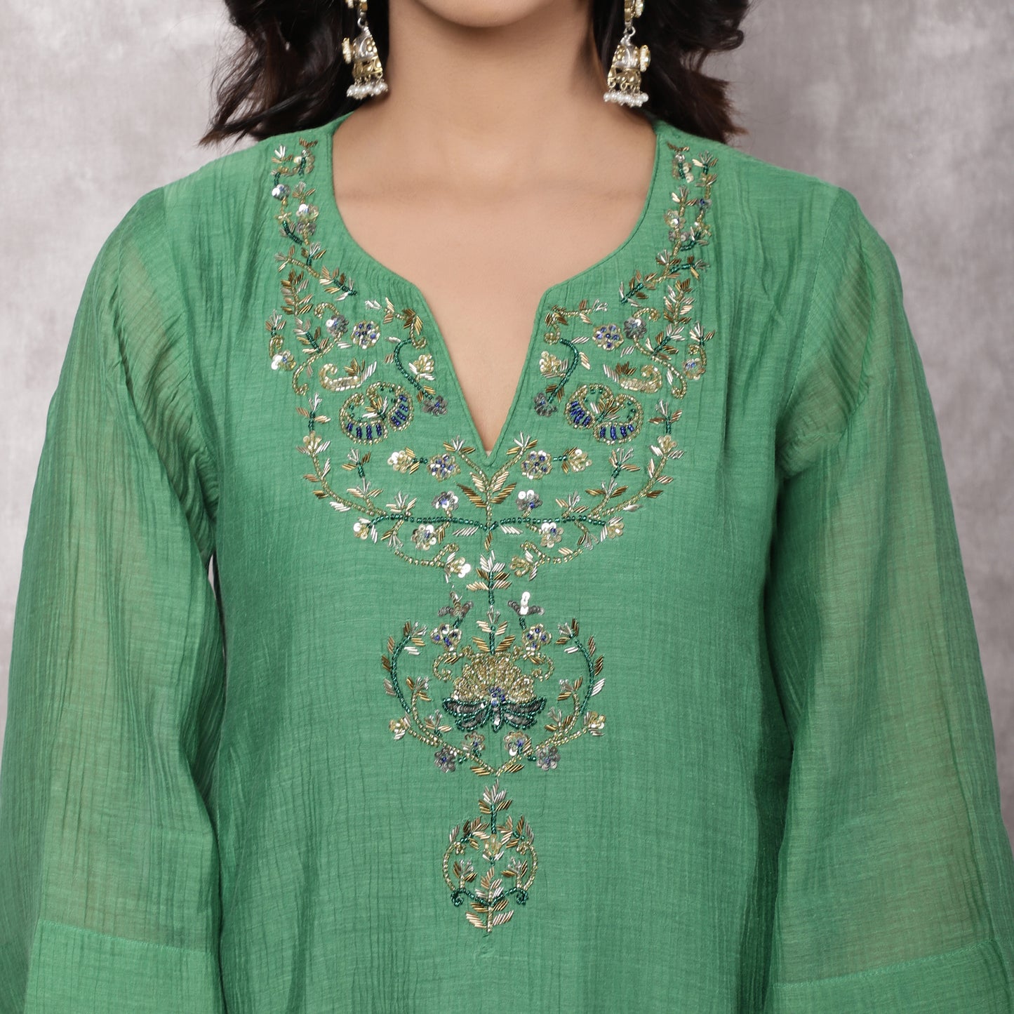 Green Chanderi Kurta Set with Hand Embroidered Yoke