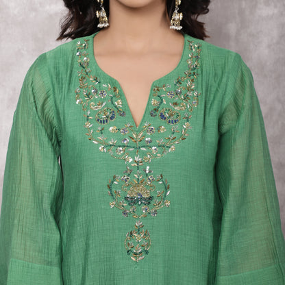Green Chanderi Kurta Set with Hand Embroidered Yoke