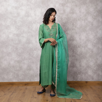 Green Chanderi Hand Embroidered Suit Set with Dupatta