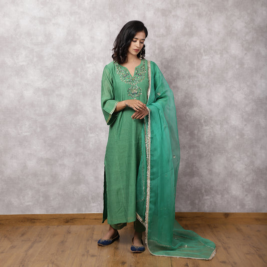 Green Chanderi Hand Embroidered Suit Set with Dupatta