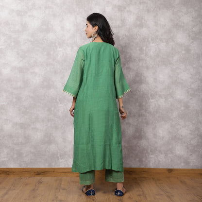 Green Chanderi Kurta Set with Hand Embroidered Yoke