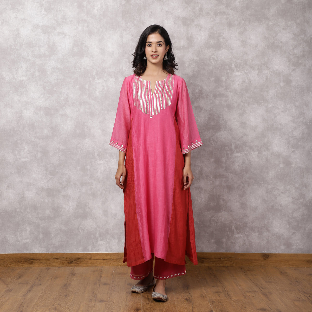 Fuchsia Chanderi Colorblock A-Line Kurta Set
