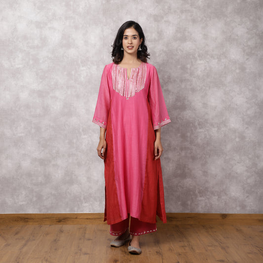 Fuchsia Chanderi Colorblock A-Line Kurta Set