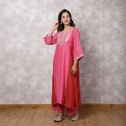 Fuchsia Chanderi Colorblock A-Line Kurta Set