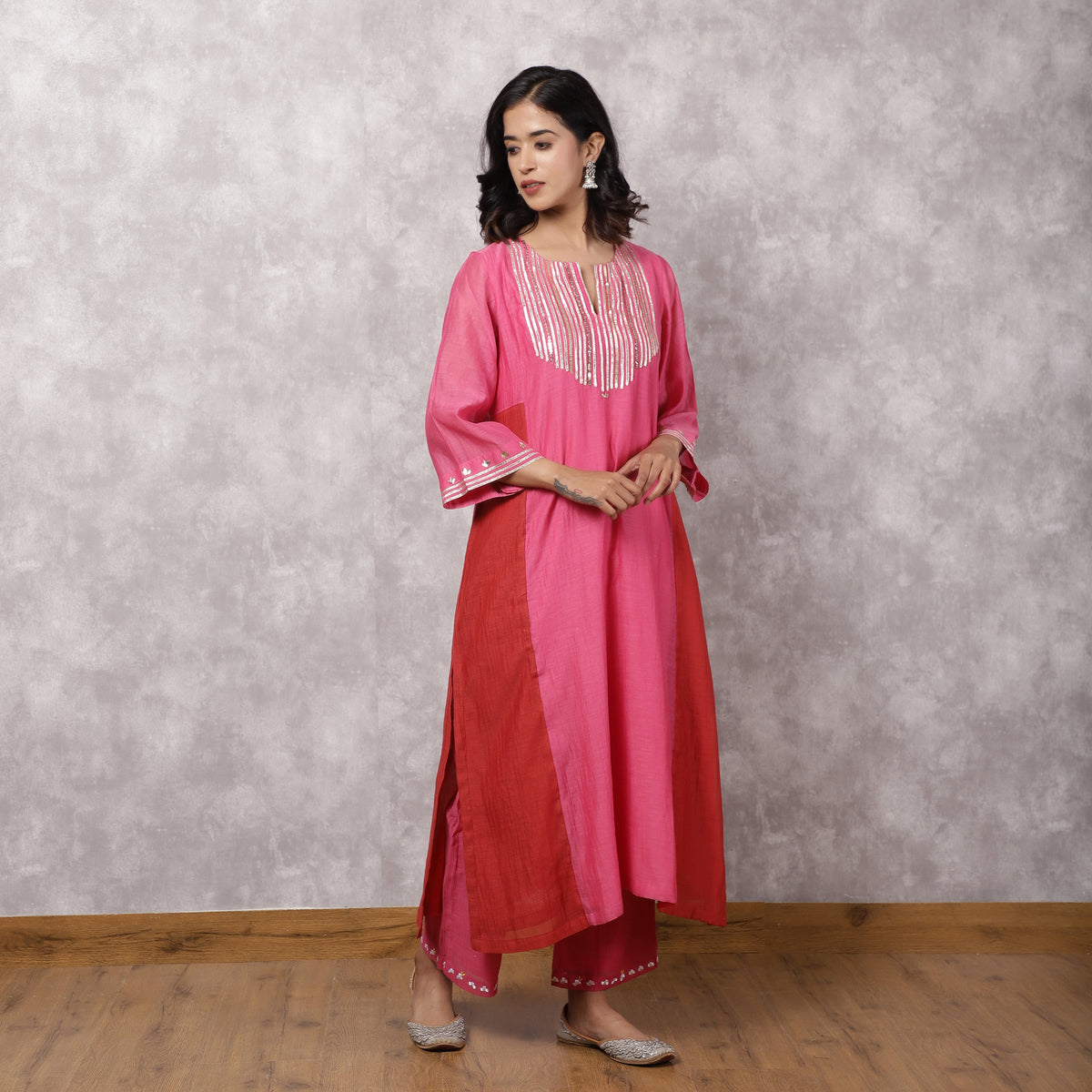 Fuchsia Chanderi Colorblock A-Line Kurta