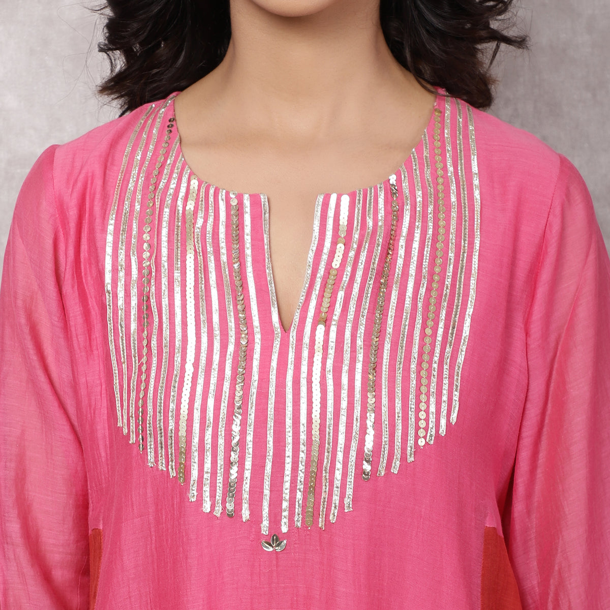 Fuchsia Chanderi Colorblock A-Line Kurta Set