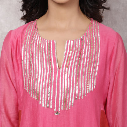 Fuchsia Chanderi Colorblock A-Line Kurta