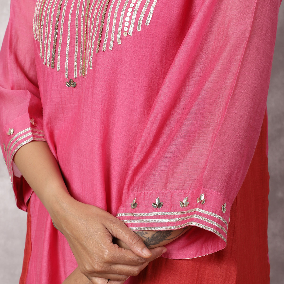 Fuchsia Chanderi Colorblock A-Line Kurta Set