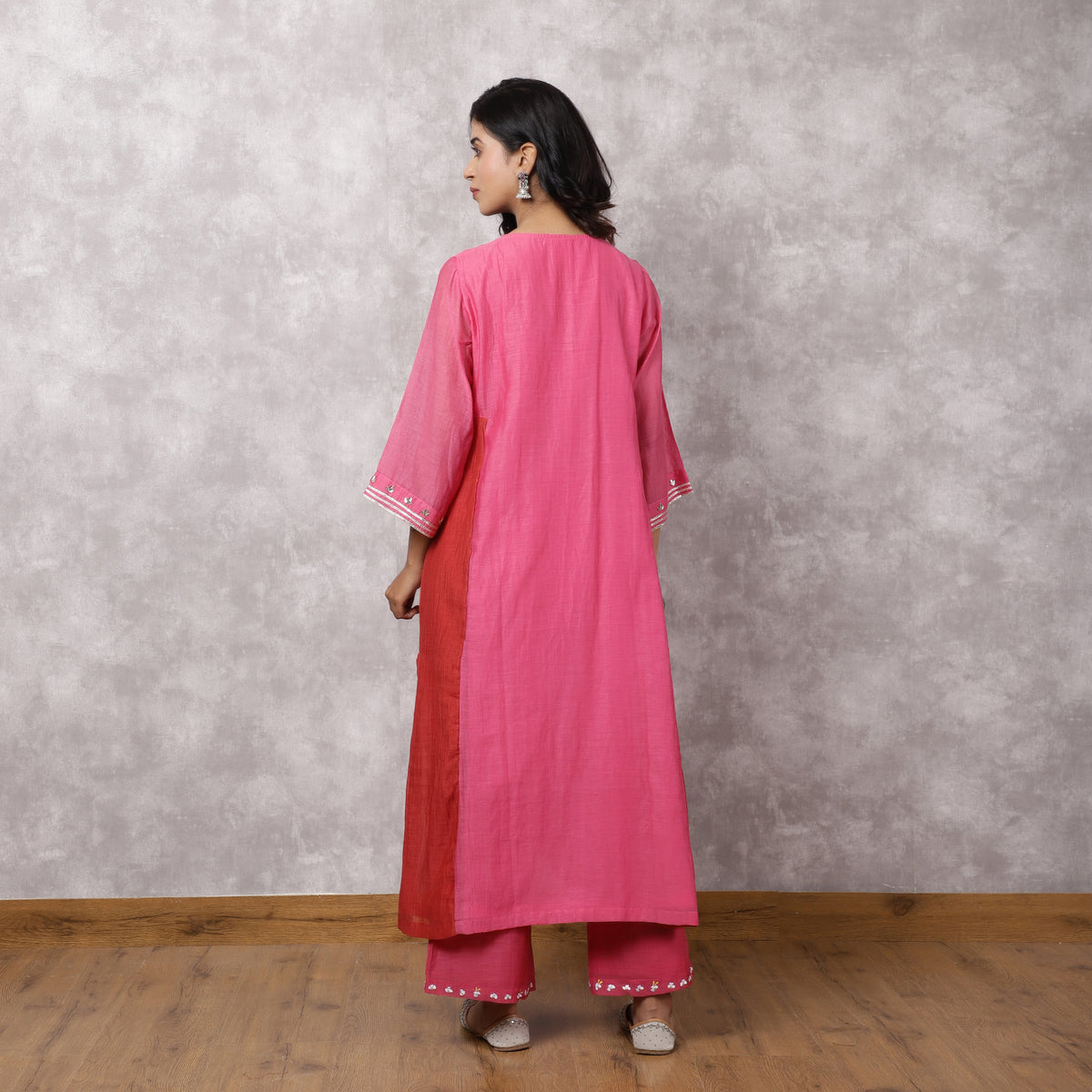 Fuchsia Chanderi Colorblock A-Line Kurta Set
