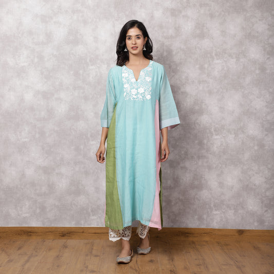 Aqua Chanderi Colorblock A-Line Kurta Set