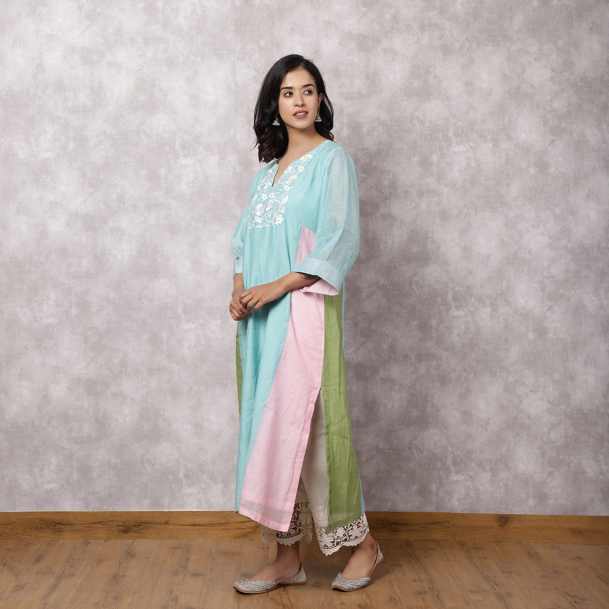 Aqua Chanderi Colorblock A-Line Kurta Set