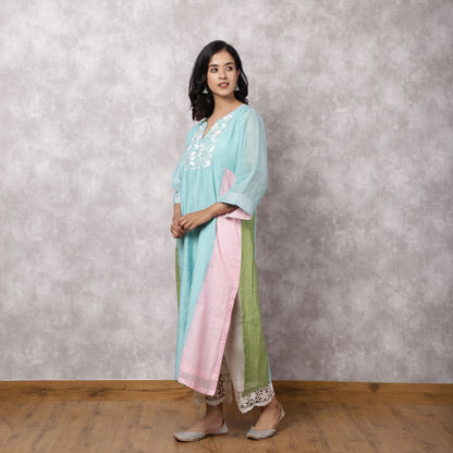 Aqua Chanderi Colorblock A-Line Kurta Set