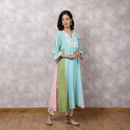 Aqua Chanderi Colorblock A-Line Kurta Set