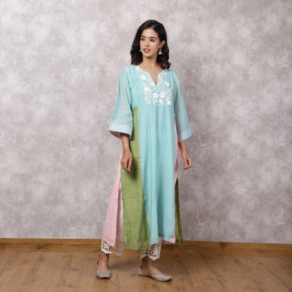 Aqua Chanderi Colorblock A-Line Kurta Set
