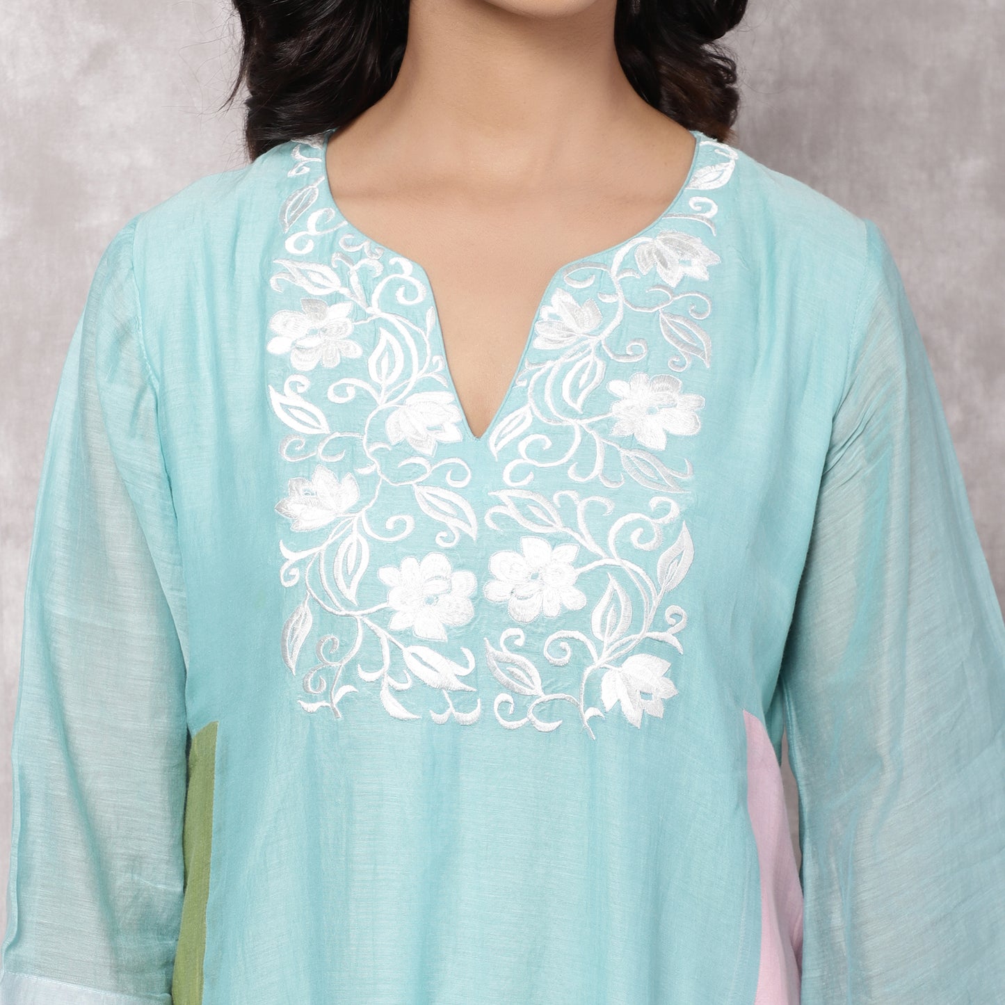 Aqua Chanderi Colorblock A-Line Kurta Set