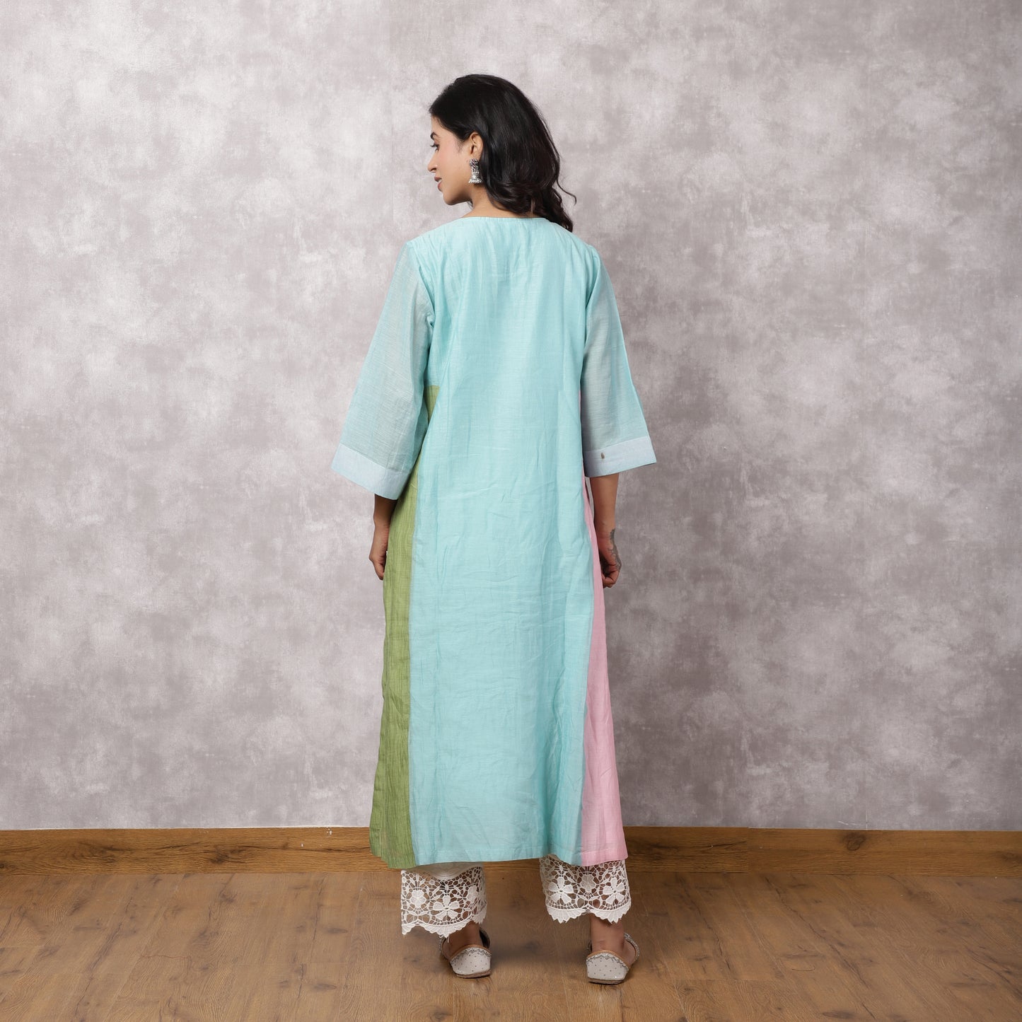 Aqua Chanderi Colorblock A-Line Kurta Set