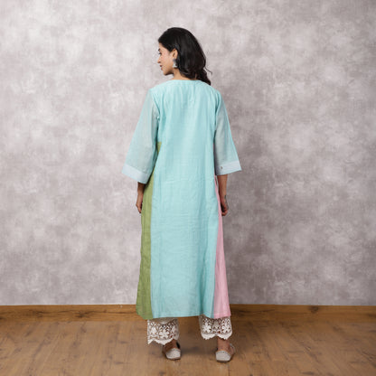 Aqua Chanderi Colorblock A-Line Kurta Set
