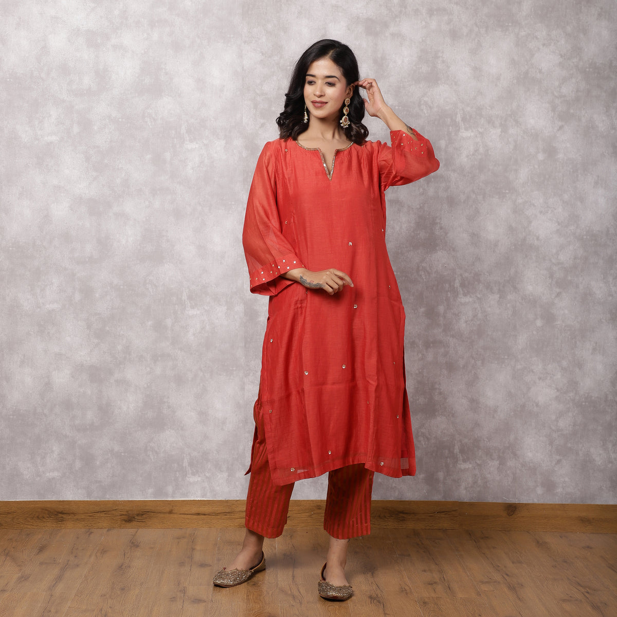 Red Chanderi Sequin highlight Kurta Set