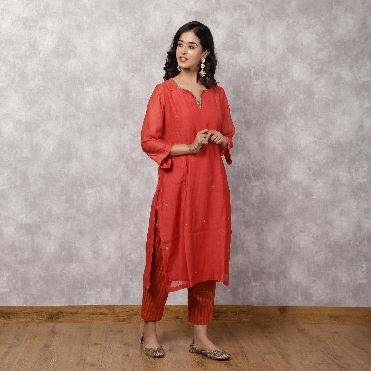 Red Chanderi Sequin highlight Kurta Set
