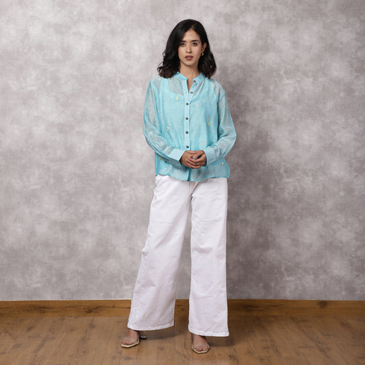 Aqua Chanderi Embroidered Shirt