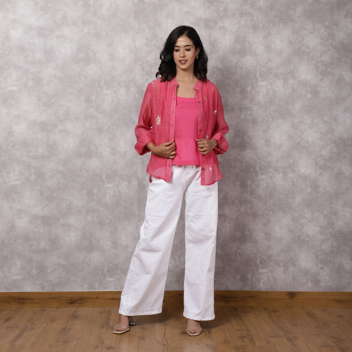 Fuchsia Chanderi Embroidered Shirt