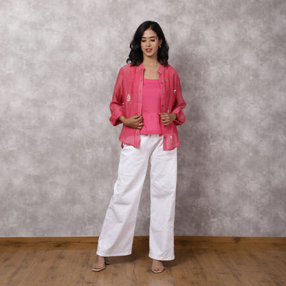 Fuchsia Chanderi Embroidered Shirt