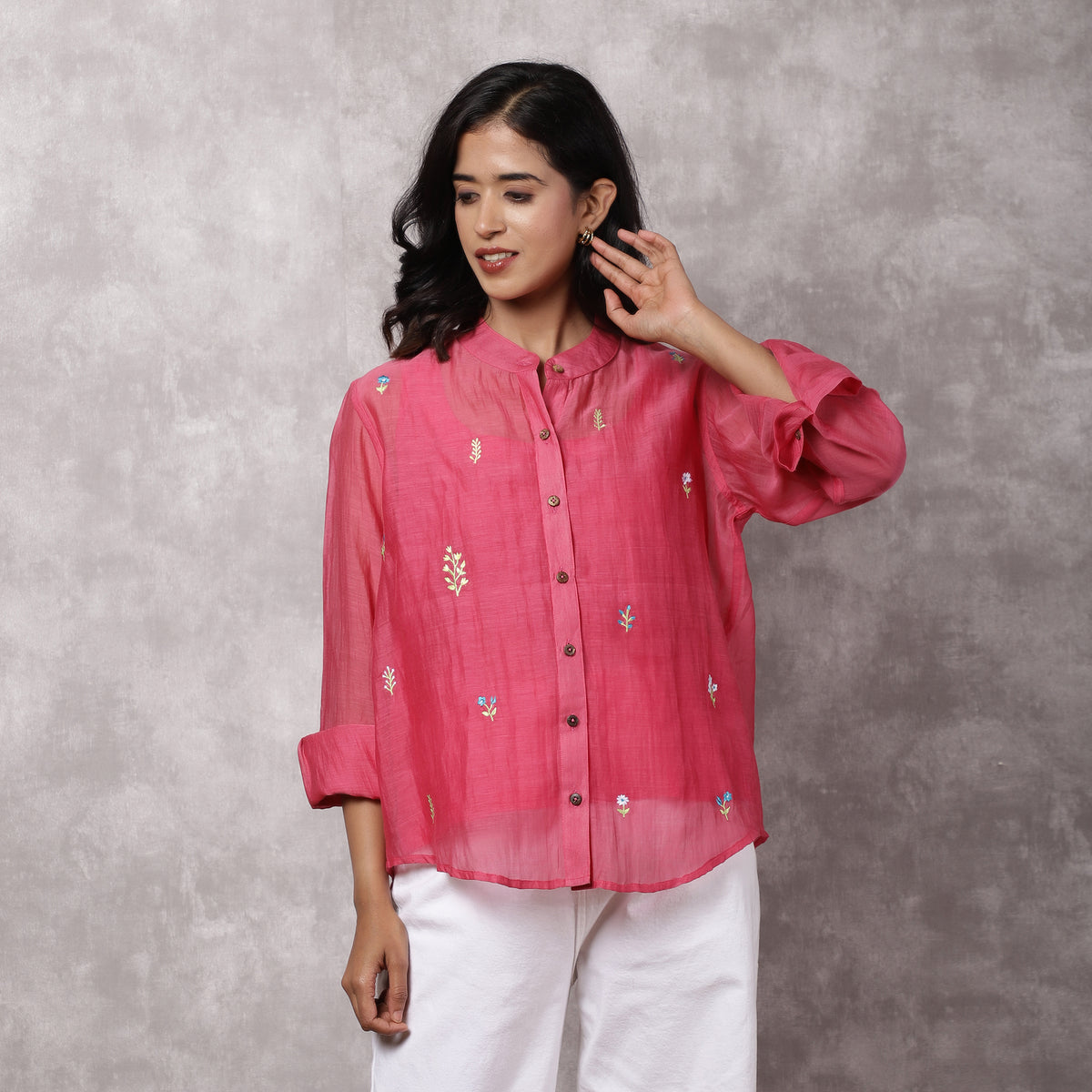 Fuchsia Chanderi Embroidered Shirt