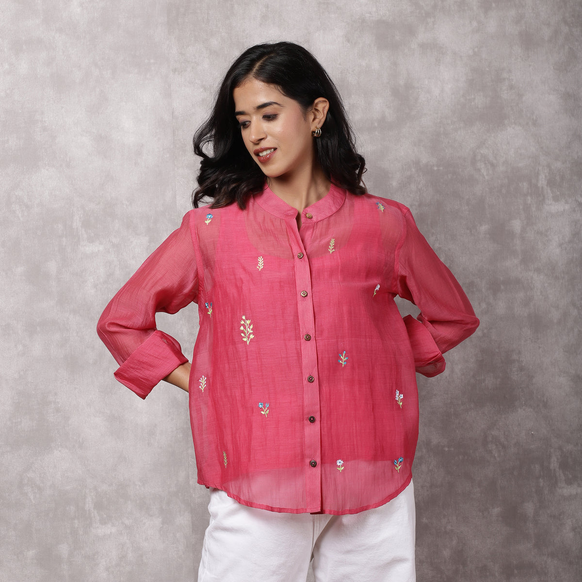 Fuchsia Chanderi Embroidered Shirt