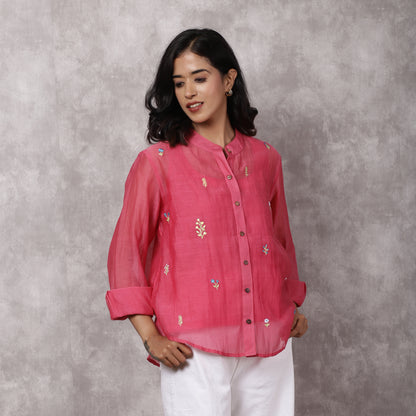 Fuchsia Chanderi Embroidered Shirt