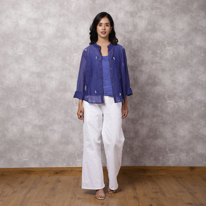 Blue Chanderi Embroidered Shirt