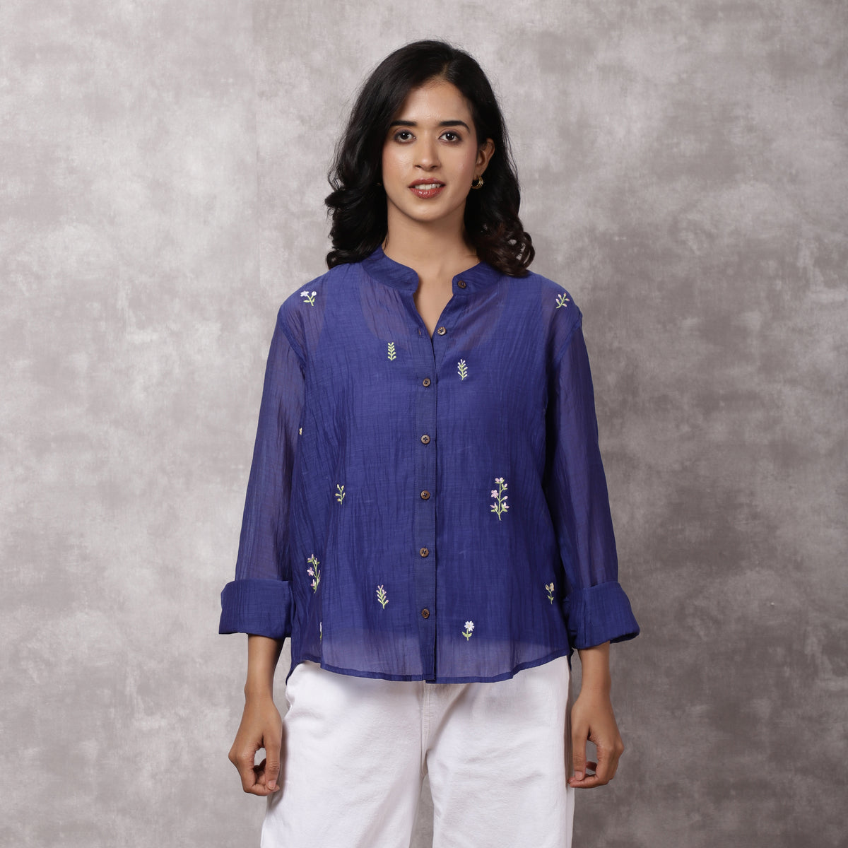 Blue Chanderi Embroidered Shirt