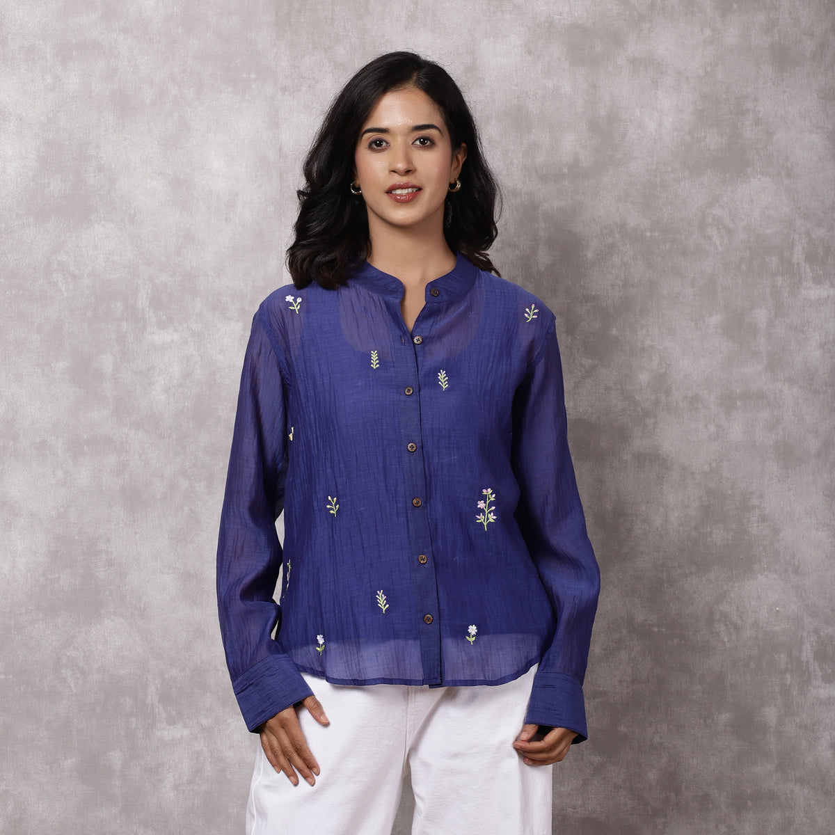 Blue Chanderi Embroidered Shirt