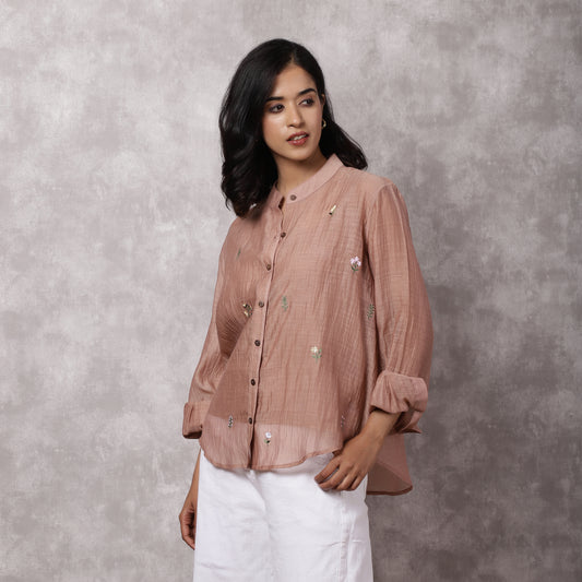 Mocha Chanderi Embroidered Shirt